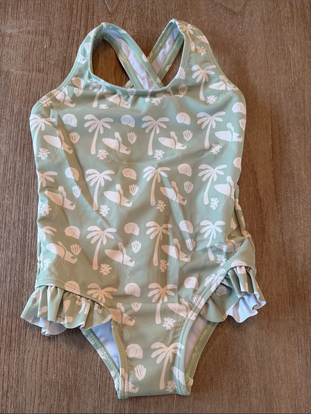 Girls' Mint Green Palm-Print One-Piece Swimsuit with Ruffle Trim